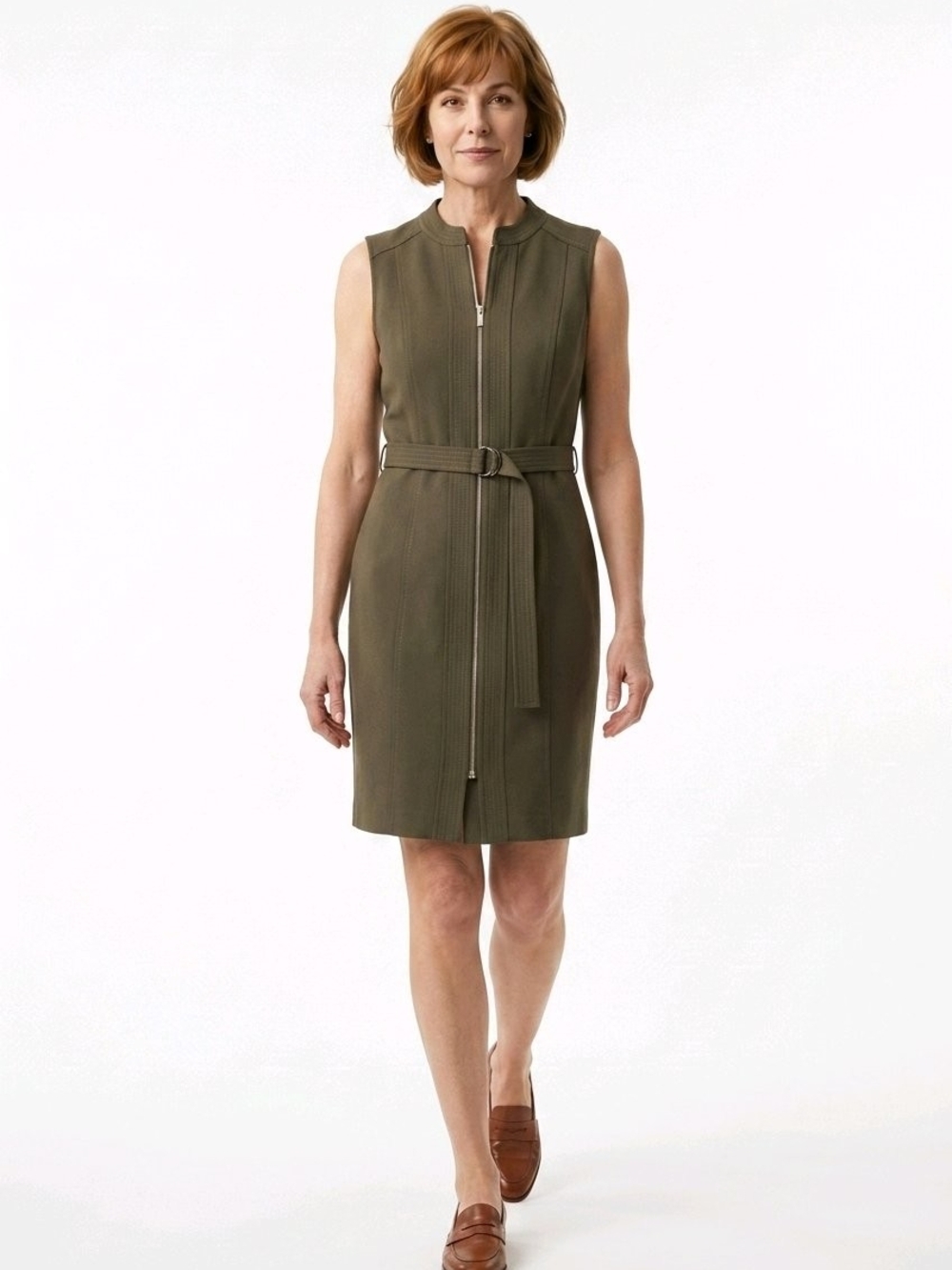 Tommy Hilfiger Olive Green Zip-Front Belted Mini Dress